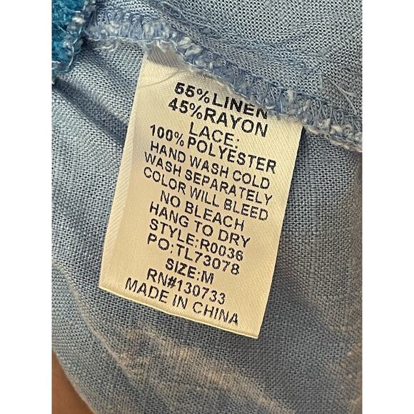 UMGEE Linen Blend Top Blouse Crochet Lace Blue Multicolor Medium - Picture 4 of 5